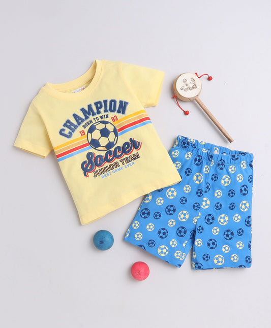 Play like a champ in Bumzee’s yellow set—soft cotton tee and comfy elastic shorts!