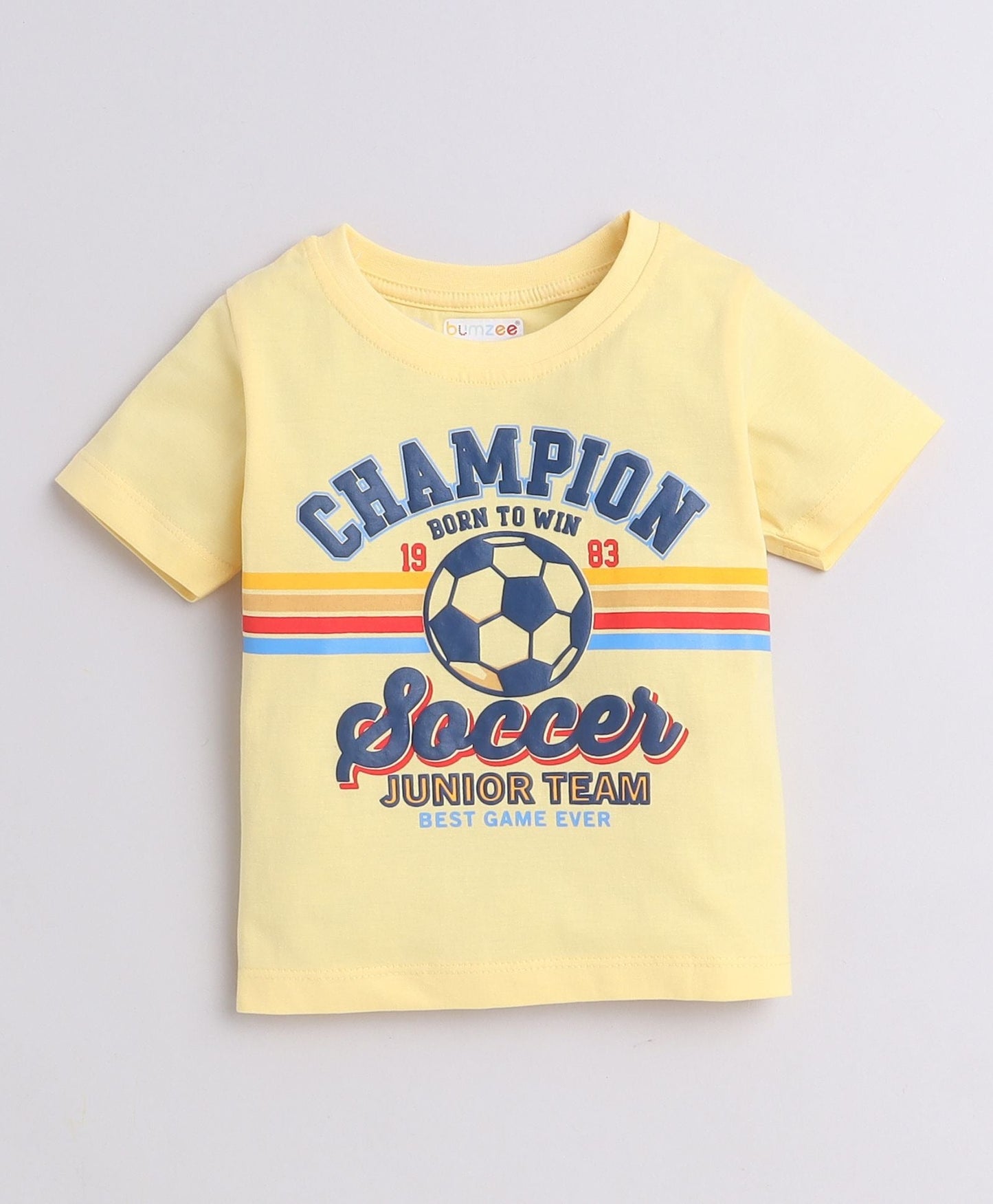 Play like a champ in Bumzee’s yellow set—soft cotton tee and comfy elastic shorts!