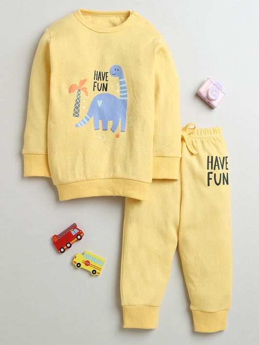 Have fun all day in Bumzee’s yellow sweatshirt & joggers—snap buttons and drawstring fit!