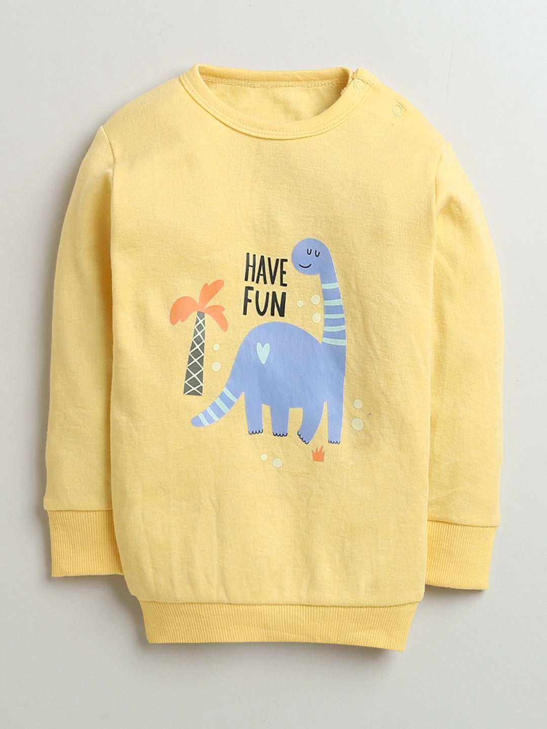 Have fun all day in Bumzee’s yellow sweatshirt & joggers—snap buttons and drawstring fit!