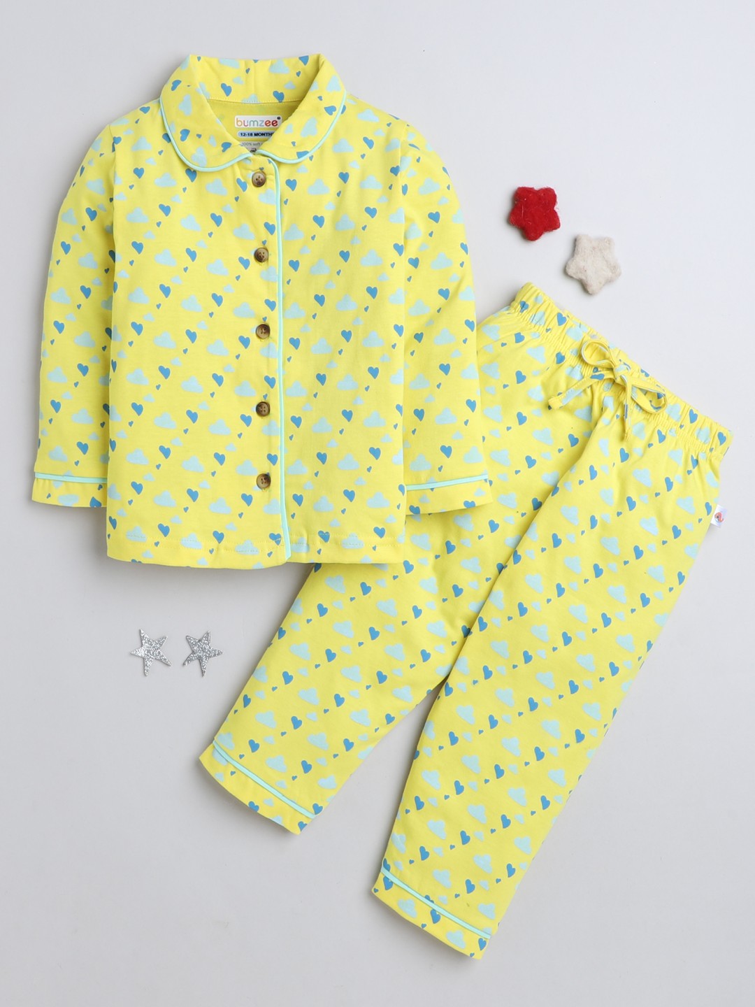 Slip into style and comfort with Bumzee’s yellow all-over print shirt & pyjama combo!
