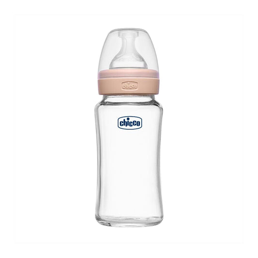 Chicco Well-Being Glass Baby Bottle 240ml – Medium Flow Nipple, Anti-Colic Feature (Neutral)
