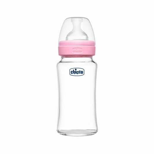Chicco Well-Being Glass Baby Bottle 240ml – Medium Flow Nipple, Anti-Colic Feature (Pink)