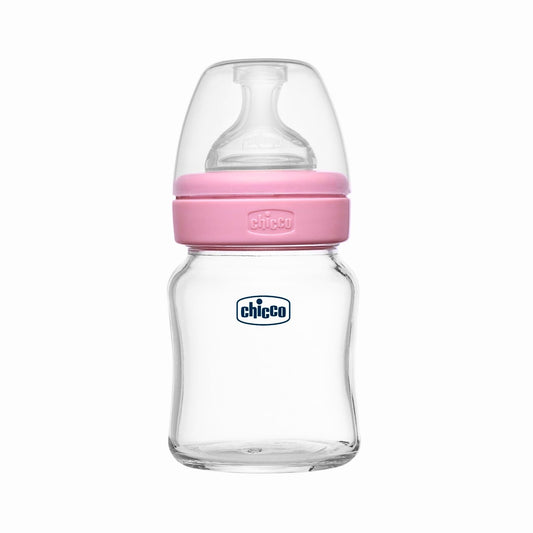 Chicco Well-Being Glass Baby Bottle 120ml – Slow Flow Nipple, Anti-Colic Feature (Pink)