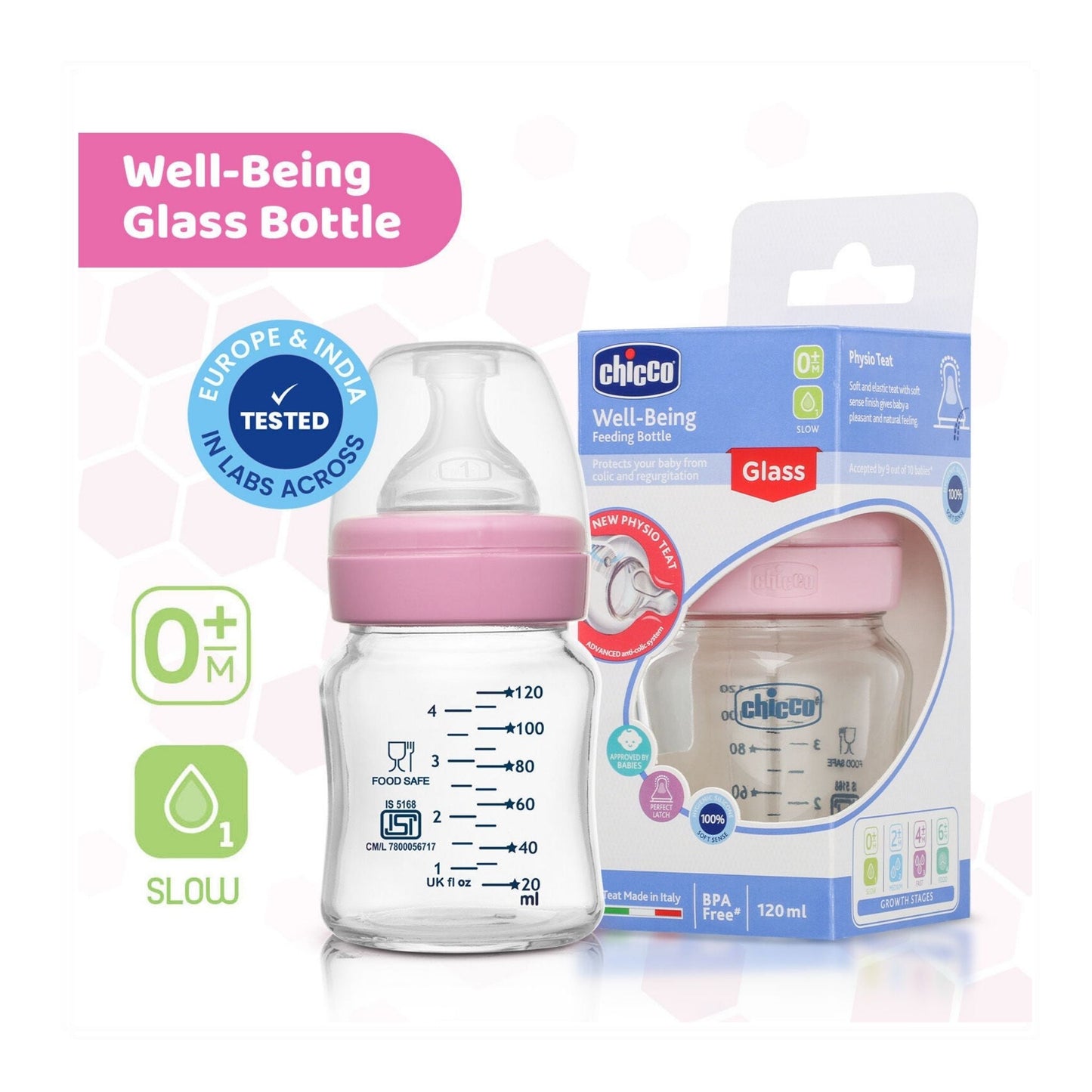 Chicco Well-Being Glass Baby Bottle 120ml – Slow Flow Nipple, Anti-Colic Feature (Pink)