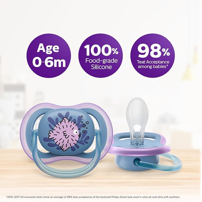 AVENT Philips Pacifier Ultra Air – Orthodontic Silicone Pacifiers for 6-18 Months | BPA Free | 2 Pack | Breathable Design for Healthy Baby Skin (SCF085/61)