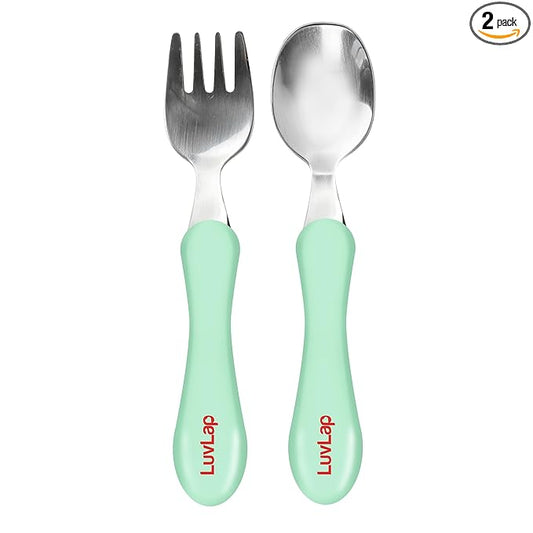 LuvLap Premium Stainless Steel Baby Feeding Set – Fork & Spoon, Light Blue, BPA-Free with PP Handles, Designed for Toddlers 12 Months and Older