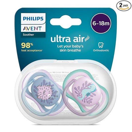 AVENT Philips Pacifier Ultra Air – Orthodontic Silicone Pacifiers for 6-18 Months | BPA Free | 2 Pack | Breathable Design for Healthy Baby Skin (SCF085/61)