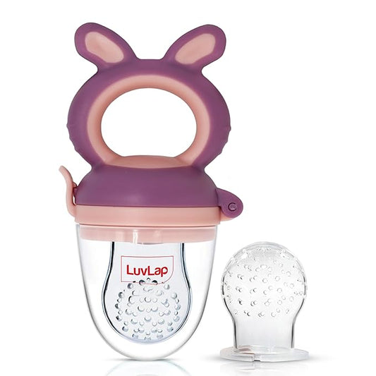 LuvLap Silicone Food and Fruit Nibbler with Extra Mesh – Soft Pacifier Feeder and Teether for Babies and Infants, Bunny Design in Violet and Pink