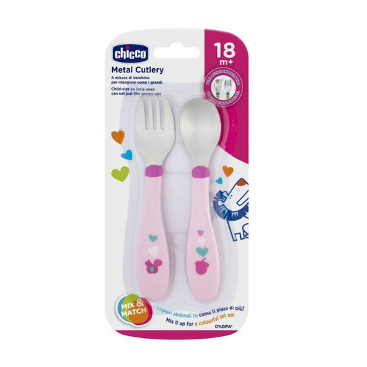 Chicco Stainless Steel Kids Cutlery Set – Pink, Multicolour, for 18 Months and Up