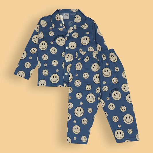 Ollypop Unisex Blue Full Sleeve Smiley Print Night Suit with Full Length Pyjamas