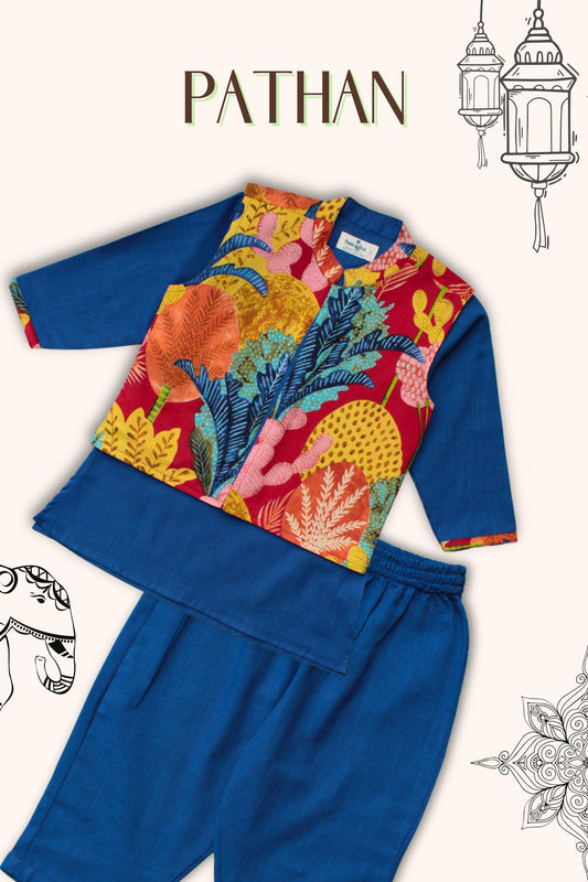 Peekaaboo Boys Pathan Kurta Pant & Jacket 3 piece ethnic clothing set - Blue