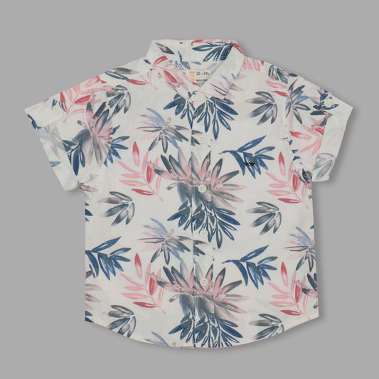 Dew Drop Boys' White Shirt With Blue Floral Print – Soft Fabric, Half Sleeves, Smart Outdoor Essential
