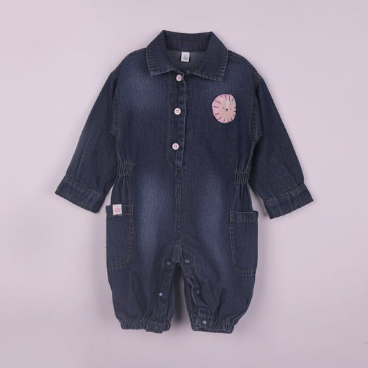 Cozy & Cute: Blue Denim Romper for Girls with Applique, Snap Buttons & Elastic Waist