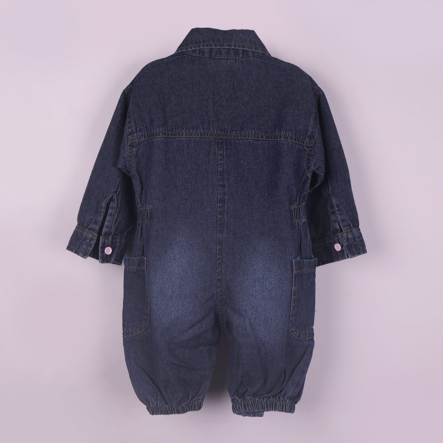 Cozy & Cute: Blue Denim Romper for Girls with Applique, Snap Buttons & Elastic Waist