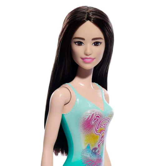 Barbie Beach Doll – Black Hair, Tropical-Blue Flamingo Swimsuit