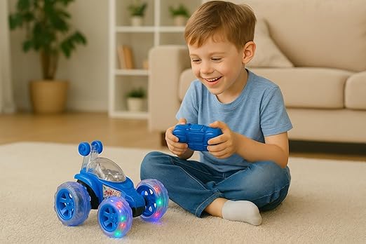 Rechargeable Remote and Phone-Controlled Acrobatic 360-Degree Twisting Stunt Car for Kids (Ages 4 to 12) with Spray, Music, Lights, and Smoke Effects