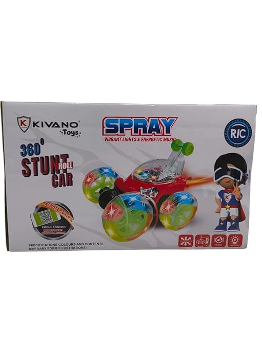 Rechargeable Remote and Phone-Controlled Acrobatic 360-Degree Twisting Stunt Car for Kids (Ages 4 to 12) with Spray, Music, Lights, and Smoke Effects