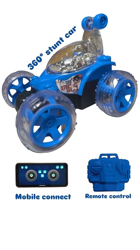 Rechargeable Remote and Phone-Controlled Acrobatic 360-Degree Twisting Stunt Car for Kids (Ages 4 to 12) with Spray, Music, Lights, and Smoke Effects