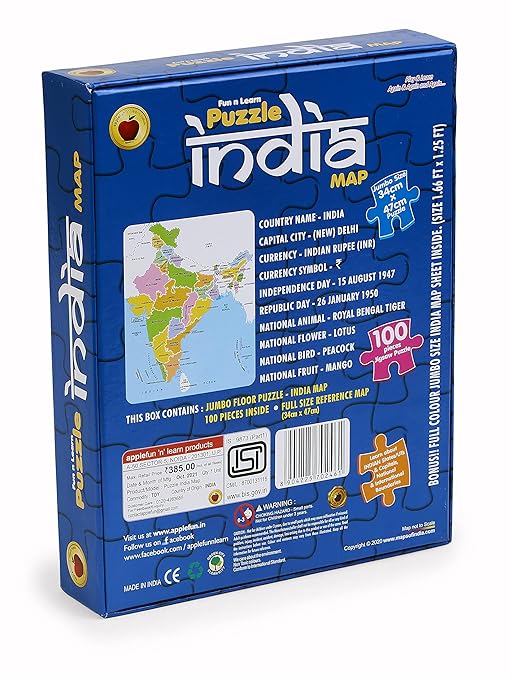 100-Piece India Map Puzzle for Kids – Big Size Educational Jigsaw with Reference Poster (BIS Approved)