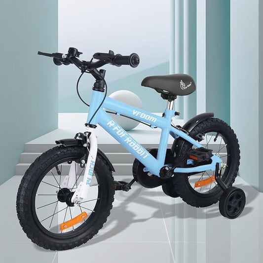 R for Rabbit Vroom Bicycle for Kids Cycle for 3 to 5 Years Boys & Girls 14T Inches Training Wheels 90 Installed (Lake Blue)