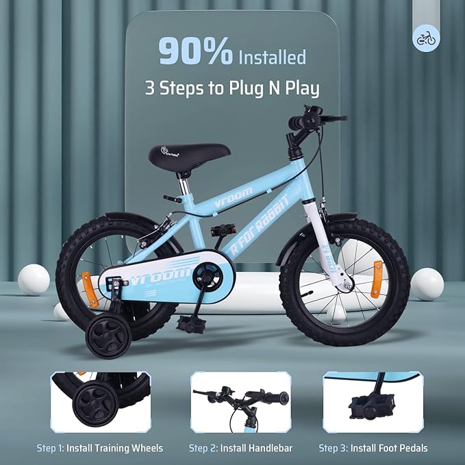 R for Rabbit Vroom Bicycle for Kids Cycle for 3 to 5 Years Boys & Girls 14T Inches Training Wheels 90 Installed (Lake Blue)