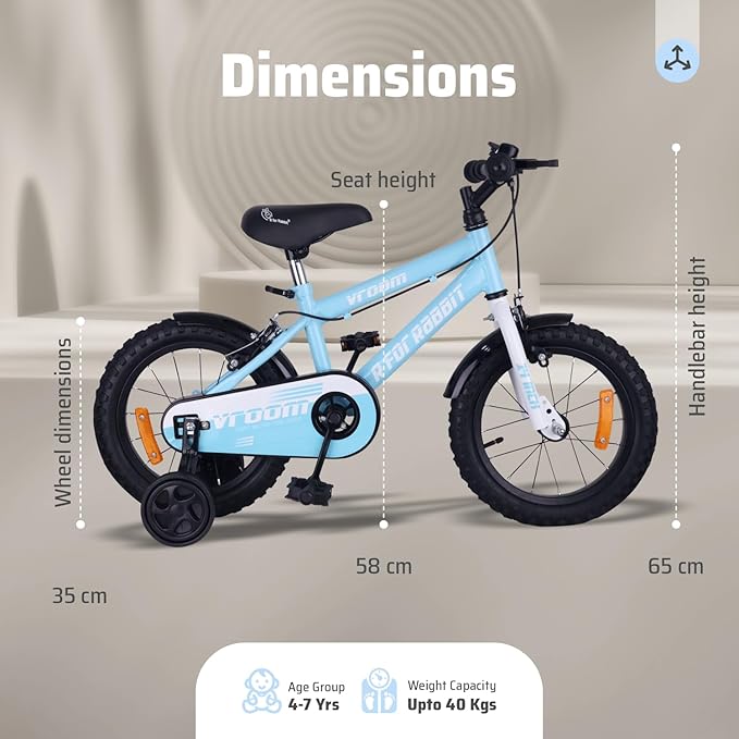 R for Rabbit Vroom Bicycle for Kids Cycle for 3 to 5 Years Boys & Girls 14T Inches Training Wheels 90 Installed (Lake Blue)