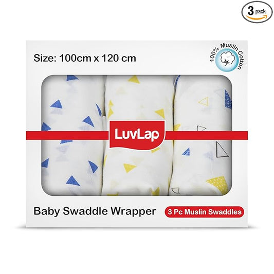LuvLap 100% Cotton Muslin Baby Swaddle Set – Pack of 3, 120x100cm, White with Triangle Print, for Newborns to 18 Months+