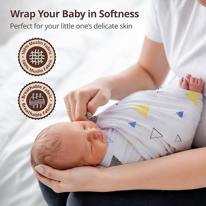 LuvLap 100% Cotton Muslin Baby Swaddle Set – Pack of 3, 120x100cm, White with Triangle Print, for Newborns to 18 Months+