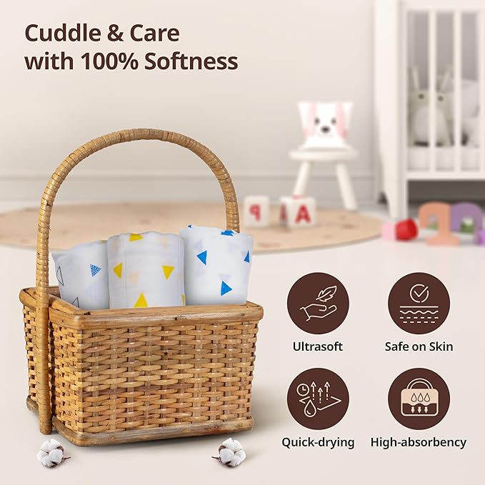 LuvLap 100% Cotton Muslin Baby Swaddle Set – Pack of 3, 120x100cm, White with Triangle Print, for Newborns to 18 Months+