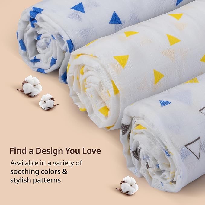 LuvLap 100% Cotton Muslin Baby Swaddle Set – Pack of 3, 120x100cm, White with Triangle Print, for Newborns to 18 Months+