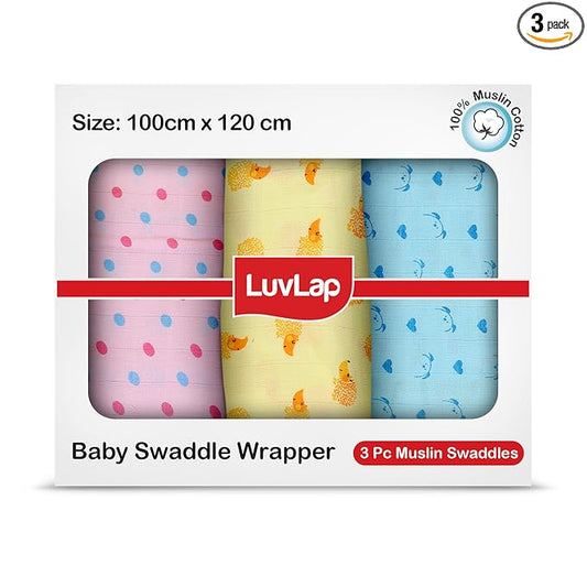 LuvLap 100% Cotton Muslin Baby Swaddle Set – Pack of 3, 120x100cm, Dots & Hearts Print, for Newborns to 18 Months+