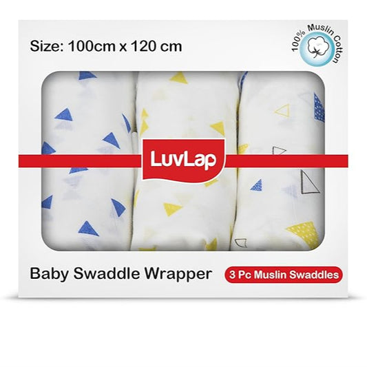 LuvLap 100% Cotton Muslin Baby Swaddle Set – Pack of 3, 120x100cm, White with Triangle Print, for Newborns to 18 Months+
