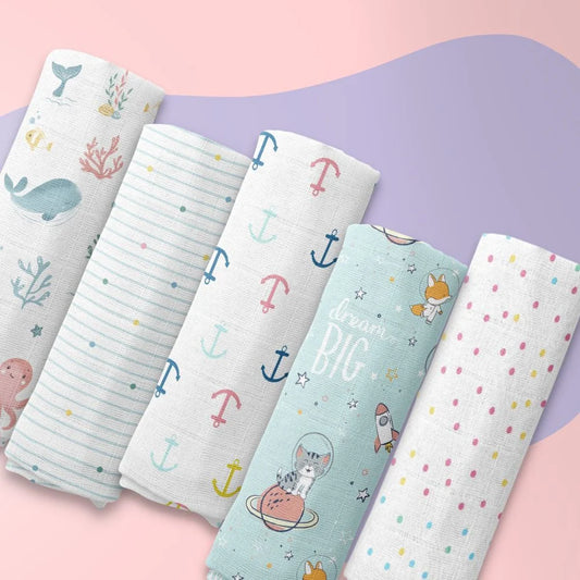 Haus & Kinder 100% Cotton Muslin Swaddles – Pack of 5 | Soft & Breathable Newborn Swaddle Wraps | 100x100 cm | Gentle & Durable Baby Blanket Set