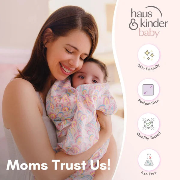 Haus & Kinder 100% Cotton Muslin Swaddles – Pack of 5 | Soft & Breathable Newborn Swaddle Wraps | 100x100 cm | Gentle & Durable Baby Blanket Set