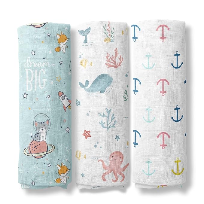 Haus & Kinder 100% Cotton Muslin Baby Swaddle Wraps – Soft, Breathable Newborn Swaddles (100x100 cm, Pack of 3, Oasis Collection)