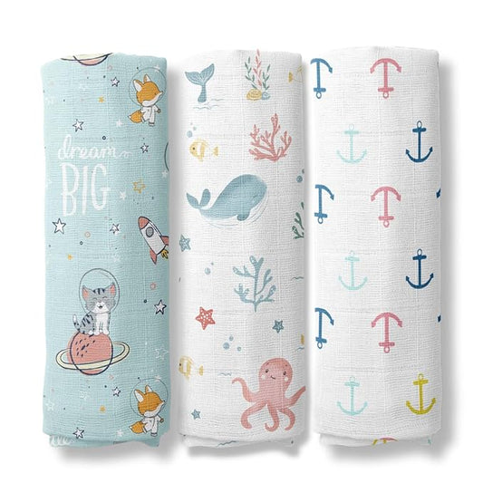 Haus & Kinder 100% Cotton Muslin Baby Swaddle Wraps – Soft, Breathable Newborn Swaddles (100x100 cm, Pack of 3, Oasis Collection)