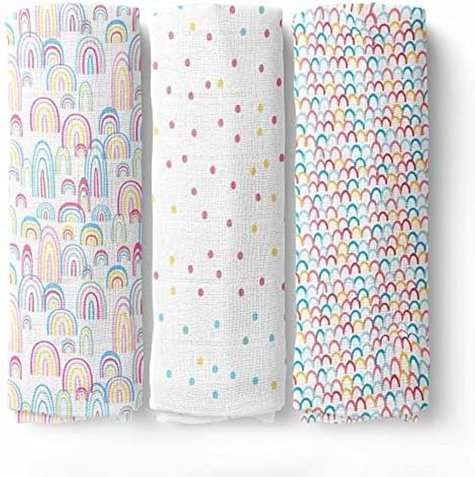 Haus & Kinder 100% Cotton Muslin Baby Swaddles – Set of 3 | Soft & Breathable Newborn Swaddle Wraps | Multicolor Rainbow Design | 100x100 cm, TC-250 Quality