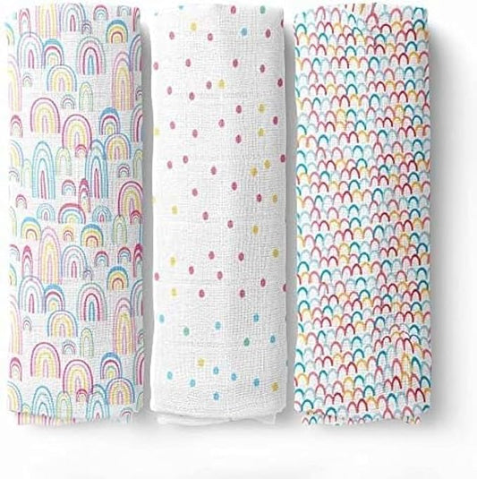 Haus & Kinder 100% Cotton Muslin Baby Swaddles – Set of 3 | Soft & Breathable Newborn Swaddle Wraps | Multicolor Rainbow Design | 100x100 cm, TC-250 Quality