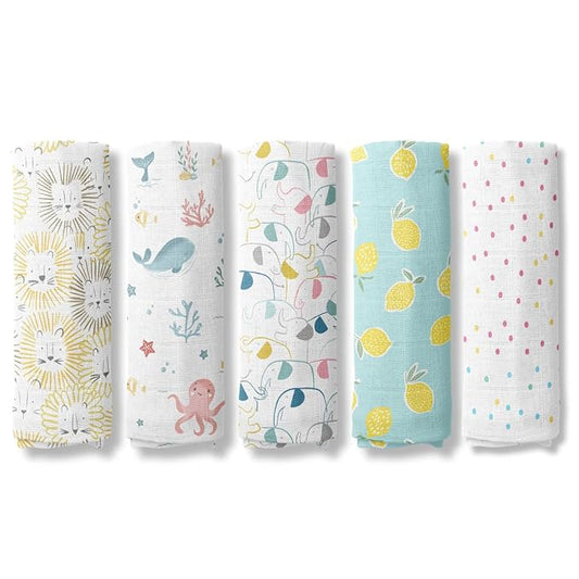 Haus & Kinder 100% Cotton Muslin Swaddle Wrap for Newborns – Soft, Breathable Baby Swaddle Blanket, 100x100 cm, Pack of 3, Multicolor Designs