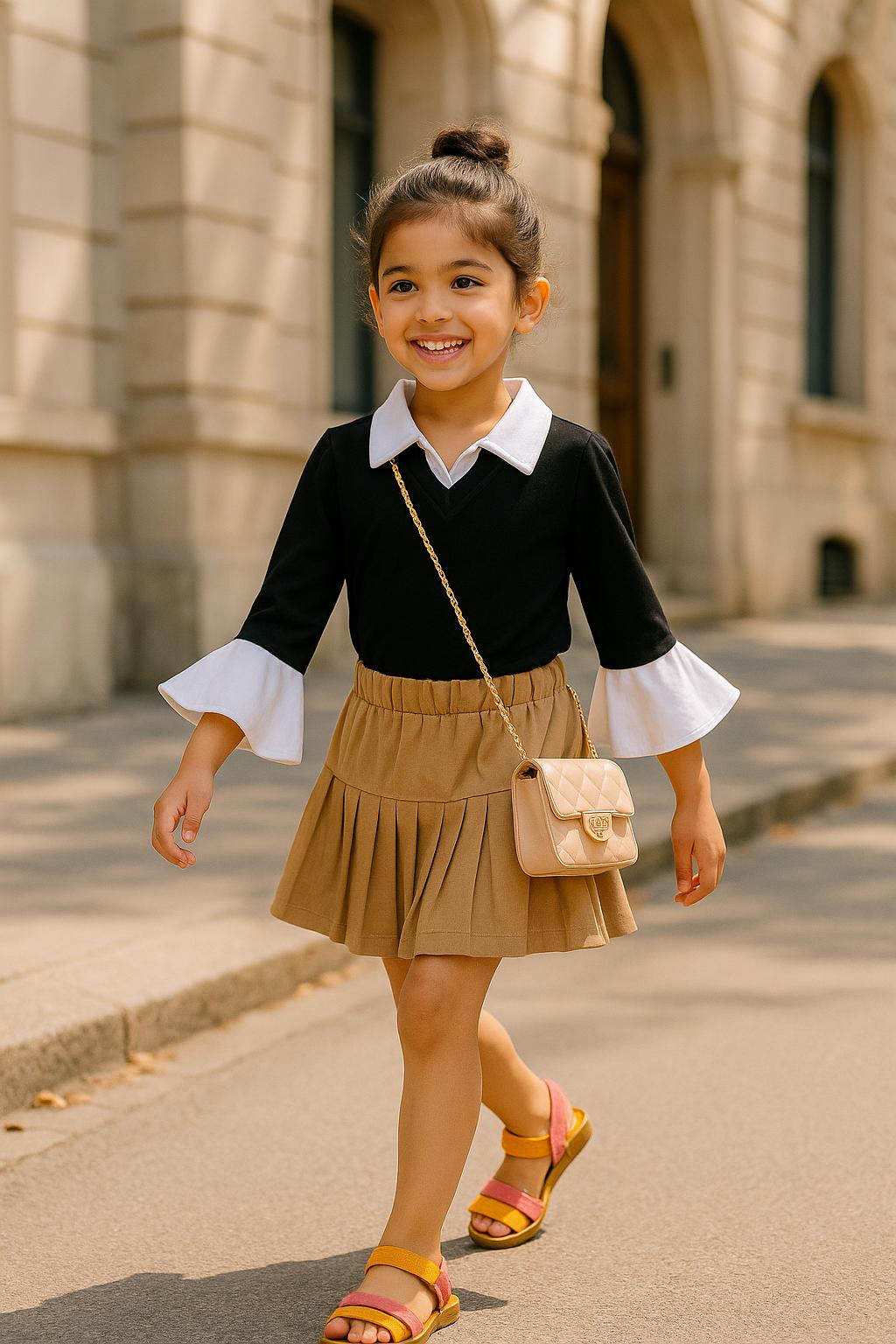 Peekaaboo Fashionista Girls’ Black Knit Top & Pleated Brown Skorts Set – Party & Formal Wear, Summer Style