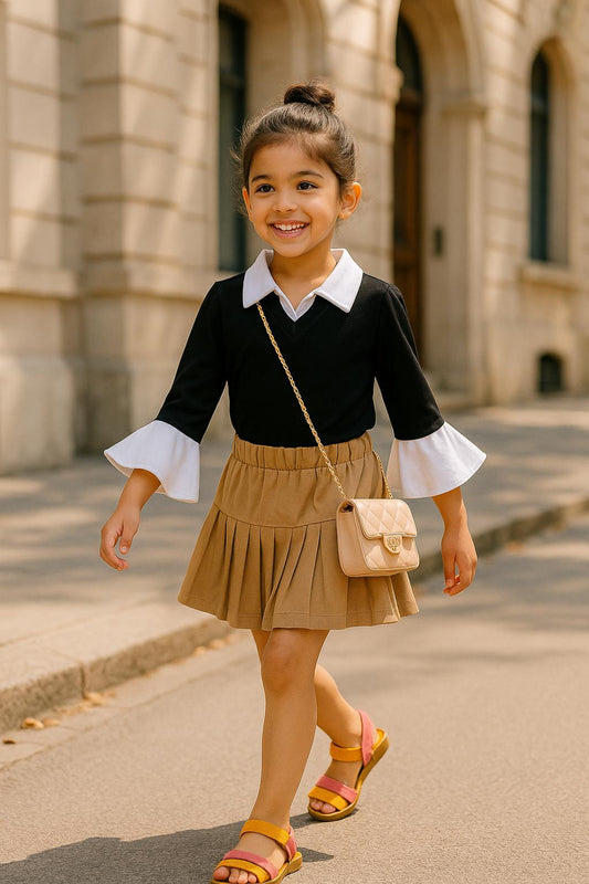 Peekaaboo Fashionista Girls’ Black Knit Top & Pleated Brown Skorts Set – Party & Formal Wear, Summer Style