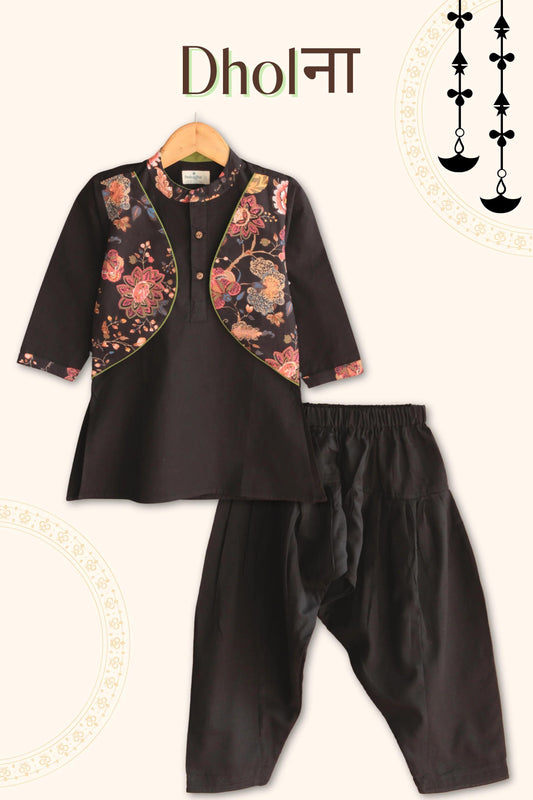 Elegant Black Dhoti Kurta Set for Boys – Soft Cotton Blend, Front Button Closure