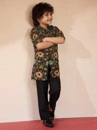 Classic Charm – Black Printed Cotton Kurta with Pyjama
