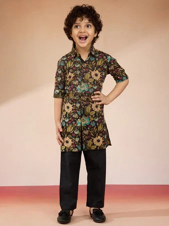 Classic Charm – Black Printed Cotton Kurta with Pyjama