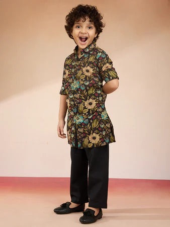 Classic Charm – Black Printed Cotton Kurta with Pyjama