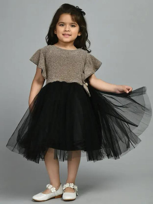 Bella Moda Girl's Black Bow Pattern Short-Sleeve Frock (Partywear)