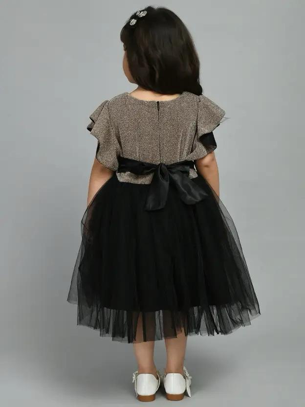 Bella Moda Girl's Black Bow Pattern Short-Sleeve Frock (Partywear)