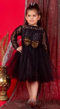 Bella Moda Girl's Black Bow Pattern Full-Sleeve Frock (Partywear)
