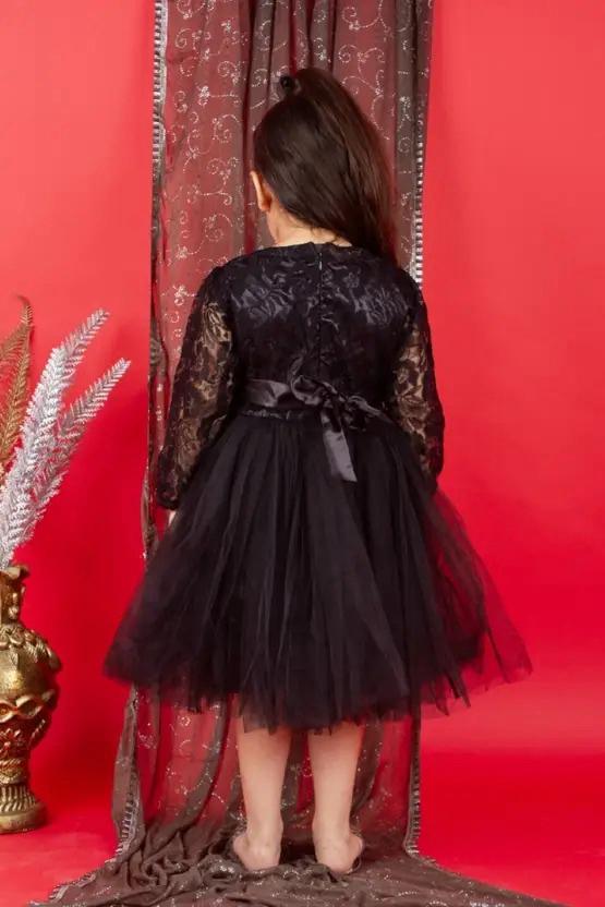 Bella Moda Girl's Black Bow Pattern Full-Sleeve Frock (Partywear)